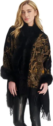 Gorski Double Face Cashmere Stole With Toscana Lamb Trim in Black Gold Paisley at Nordstrom