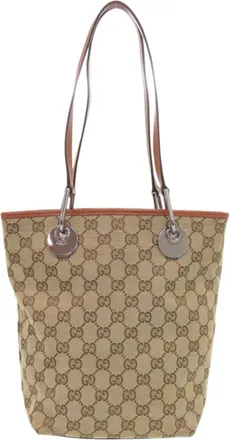 Gucci Gg Canvas Beige Gg Canvas Leather Tote Bag (Pre-Owned)
