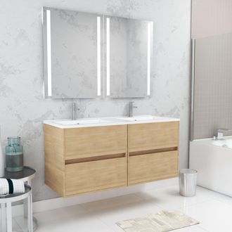 Aurlane Mueble Ba&ntilde;o 120 Cm Roble Claro, 4 Cajones, Lavabo Y 2 Espejos Led