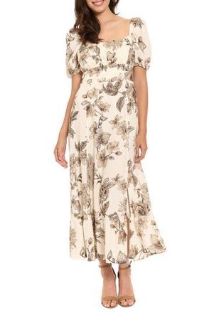 London Times Puff Sleeve Empire Waist Midi Dress in Soft White/Deep Tan at Nordstrom Rack, Size 10