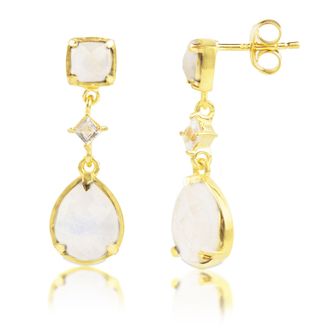 MAX + STONE 18K Gold Plated Genuine Gemstone 3 Stone Dangle Drop Earrings