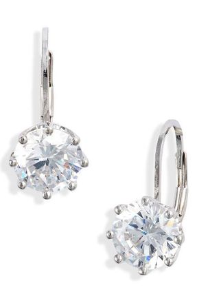 Nordstrom Round Cubic Zirconia Lever Back Earrings in Clear- Platinum Plated at Nordstrom