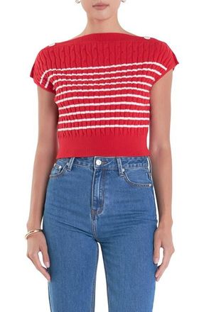 English Factory Button Shoulder Stripe Cable Stitch Sweater in Red/White at Nordstrom, Size X-Small