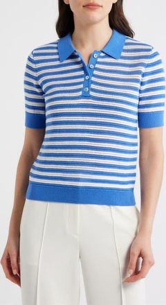 Elie Tahari The Elliot Stripe Polo Sweater in Seaport Blue /Sky White at Nordstrom, Size X-Large