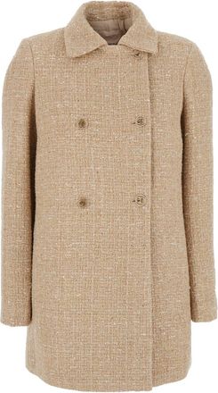 Twin-Set Beige Coat With Collar And Sequin Embellishments In Tech Fabric Woman