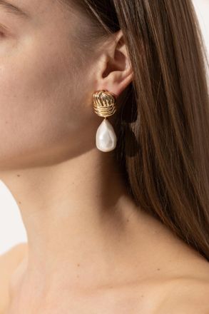 Self Portrait Brass Earrings With Pearl, Womens, Gold