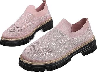 Generic Womens Knitted Mesh Platform Slip On Rhinestone Loafers, Fashion Glitter Chunky Heel Sneakers, Casual Slip-On Walking Shoes for Work Driving (Pink,6.5