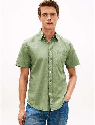 Tommy Hilfiger Mens Regular Fit Dyed Cotton-Linen Shirt - Green - XS
