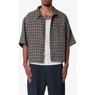 mnml Oversize Crop Plaid Short Sleeve Button-Up Shirt in Green/Brown at Nordstrom, Size Xx-Large