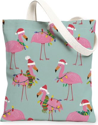 Generic Festive Tropical Bird Canvas Tote Bags, Holiday Bird Pattern Reusable Grocery Bags, Lightweight Washable Shoulder Strap Can, Peach, 13x15 Inch