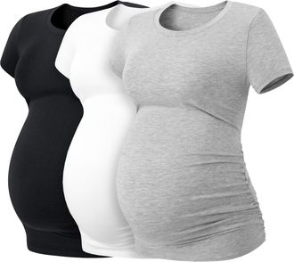 Lapasa Womens Maternity Tops, Soft Modal Cotton Pregnancy Tshirts, Side Ruched Crew Neck Short Sleeve Tees L55, Multicolor 1, XXL