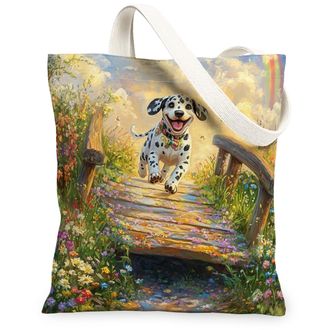 Generic Spring Dalmatian Dog Canvas Tote Bag for Shopping 13x15, Country Garden Puppy Reusable Grocery Print Pattern Bag for Women, Fun Flower Pet Beach Aesth
