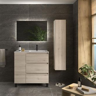 Cygnus Bath Mueble De Ba&ntilde;o Bequia Plus 3c 90cm Natural Lavabo Porcelana Grifo Derecha