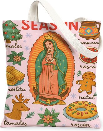 Generic Christmas Floral Canvas Tote Bags, Vintage Artistic Design Lightweight Washable Shoulder Strap Reusable Grocery Bags for Ho, Peach, 13x15 Inch