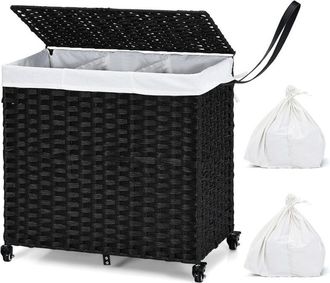 Costway Costway - Laundry Hamper 125L 3-Section Laundry Basket w/Lid & Wheels-Black
