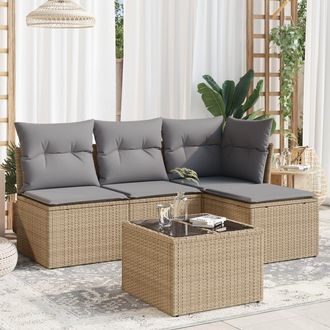 vidaXL Juego De Sof&aacute;s Jard&iacute;n Con Cojines 5 Pzas Rat&aacute;n Sint&eacute;tico Beige Vidaxl