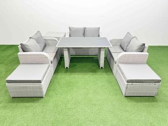 Fimous 8 Seater Patio Garden Furniture Sets with Side Table 2 Big Stool Light Grey