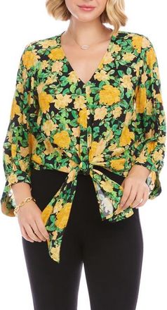 Karen Kane Floral Print Tie Front Top in Yellow Floral at Nordstrom, Size X-Large P