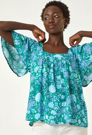 Roman Floral Print Square Neck Top