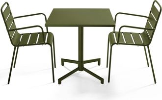 Oviala Mesa de jard&iacute;n de metal de 70 cm y 2 sillas en verde caqui