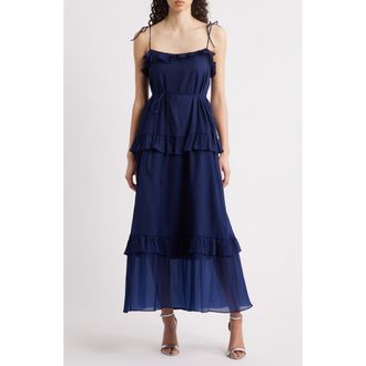 Julia Jordan Tie Strap Tiered Midi Dress in Navy at Nordstrom Rack, Size X-Large
