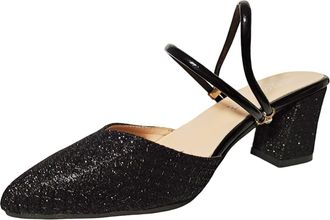 Generic Elegant Womens Solid Pointed Toe Sandals with Medium Block Heel Wear Design Comfortable Large Size Footwear (Black, 6.5)