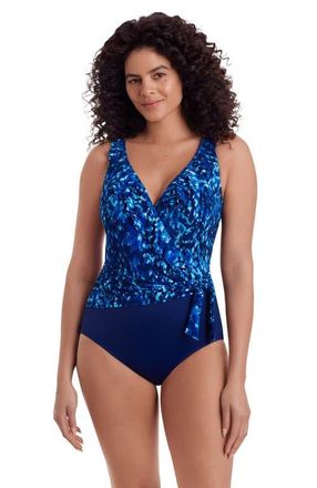 Longitude Ruffle Front Sash Surplice Long Torso One-Piece Swimsuit in Sweet Siren at Nordstrom, Size 20