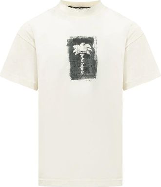 Palm Angels Brushed Palm Reg Tee - Heren - T-shirts - Wit - XL - Katoen - Tops