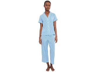 Lauren Ralph Lauren Short Sleeve Notch Collar Cropped Pants PJ Set Womens Pajama Sets Dark Blue Stripe : LG (US 12-14), Cotton/Viscose