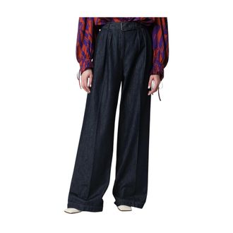 Dries Van Noten Wide Trousers, female, Blue, Size: XS Belted Trousers with Irregular Pleats