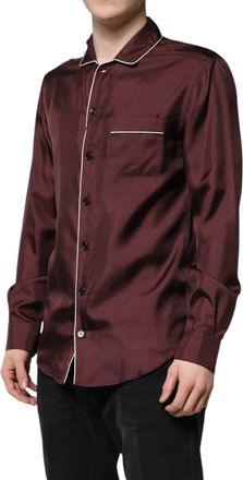 Dolce & Gabbana Burgundy Silk Dotted Long Sleeves Mens Shirt