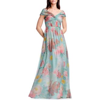 Dress The Population Xyla Floral Off the Shoulder Gown in Mint Multi at Nordstrom, Size Xx-Large