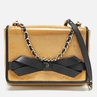 Carolina Herrera Bow Beige/black Monogram Embossed Patent And Leather Shoulder Bag