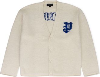Purple White Intarsia Knit Logo Cardigan