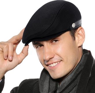 Feoya Mens Wool Blend Newsboy Cap, Adjustable Flat Peak Hat for Adults, Versatile for Outdoor Activities, Great Gift for Him (Black)