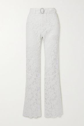 Alessandra Rich Pantaloni Svasati In Pizzo Di Misto Cotone Con Cristalli E Cintura - Bianco