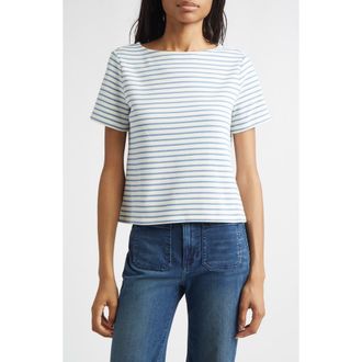 Veronica Beard Hovey Stripe Boat Neck T-Shirt in Dove Lake Mist at Nordstrom, Size Large