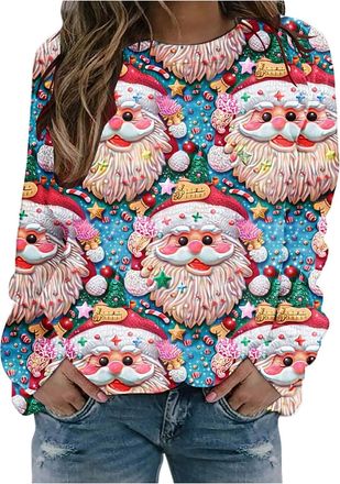 Generic Christmas dresses for Women Christmas Jumpers for Women Ladies Santa Claus Xmas Tree Snowman Printed Sweatshirt Cute Funny Hilarious Ugly Sweater (b-P