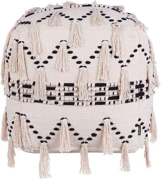 Beliani Puf Beige Y Negro Con Borlas Decorativas De Punto De Algod&oacute;n Dise&ntilde;o Boho Thondi