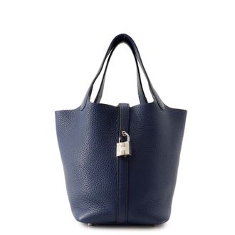 Herm&egrave;s Picotin Bleu Saphir Taurillon Clemence Leather Handbag Tote Bag (Pre-Owned)