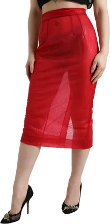 Dolce & Gabbana Womens Red Sheer High Waist Pencil Cut Midi Skirt Nylon Polyester Elastane