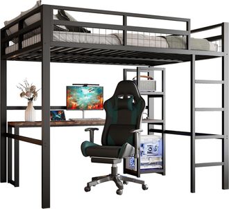 STILVORA Cama Alta 140 X 200 Cm Con Escritorio, Enchufe, Usb, Tipo-c Y Estantes, Sin Colch&oacute;n, De Metal, Negro