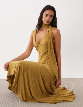 Asos vestito midi con dettaglio foulard in marrone