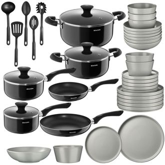 TecTake Juego de cocina, 39 piezas, 6 personas, apto lavavajillas, gris/negro