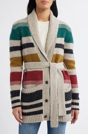 Pendleton Camp Stripe Lambswool Blend Wrap Cardigan in Ivory Multi Stripe at Nordstrom, Size X-Large