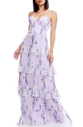 Dress The Population Layana Ruffle Strapless Evening Gown in Wisteria Multi at Nordstrom Rack, Size Small