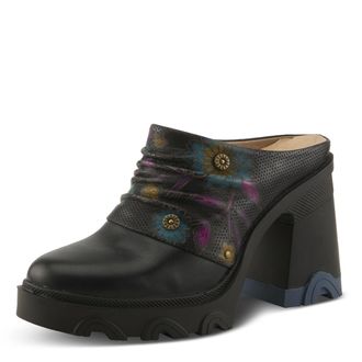 L'Artiste by Spring Step Chemistry Platform Mules | Hand-Painted Leather Slip-On with Sculpted Heel, Black Multi, 6 UK