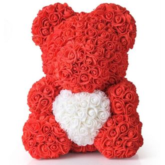 Trade Shop Trade Shop - Oso De Peluche Rose Oso Con 25 Cm Flores Rojas Con Coraz&oacute;n Blanco