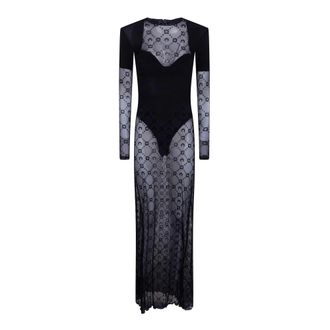 Marine Serre Monogram Mesh Long Sleeve Maxi Jurk - Dames - Jurken - Zwart - Maat: XS Polyamide
