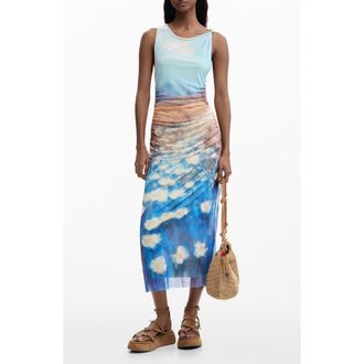 Desigual Sleeveless Abstract Floral Print Mesh Dress in Blue at Nordstrom, Size Medium